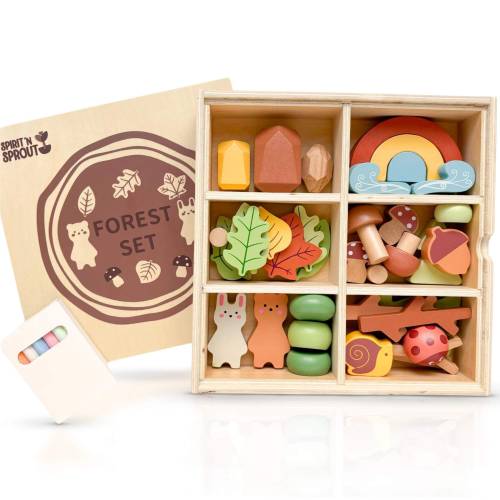 Wooden Forest Sensory Bin - Montessori Toys for Preschool Learning - Wooden Blocks for Toddlers - Open-Ended Tinker Toys for Sensory Play