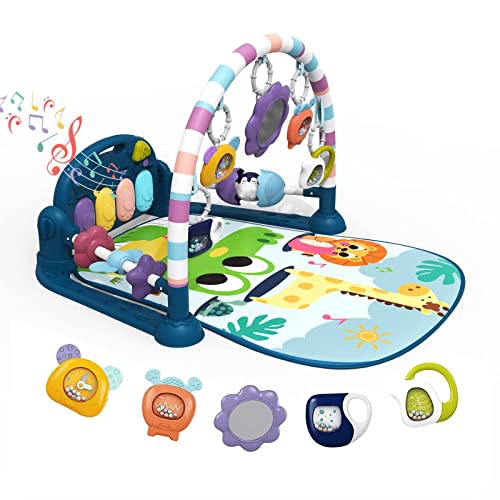 dearlomum Baby Play Mat Baby Gym,Funny Play Piano Tummy Time Baby Activity Mat with 5 Infant Sensory Baby Toys, Music and Lights Boy & Girl Gifts for Newborn Baby 0 to 3 6 9 12 Months(New Blue)