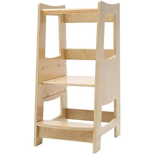 EGREE Toddler Kitchen Step Stool with Safety Rail Kids Wooden Standing Tower for Kitchen Counter and Bathroom Sink, 3 Heights Adjustable Step Up Stool Mothers' Helper, Solid Wood Construction, Natural - Natural Color
