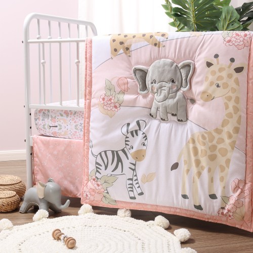 The Peanutshell Pink and Grey Wildest Dreams Crib Bedding Set for Baby Girls, 3 Piece Nursery Set