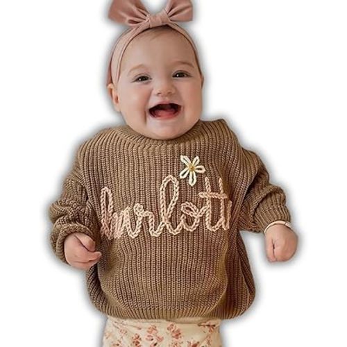Personalized Baby Sweater with Hand Embroidered Name, Custom Knit Infant Jumper for Baby Boy Girl, Customized Newborn Outfit Gifts, Baby Shower Christmas Birthday, Chunky Baby Oversized Sweater Multi