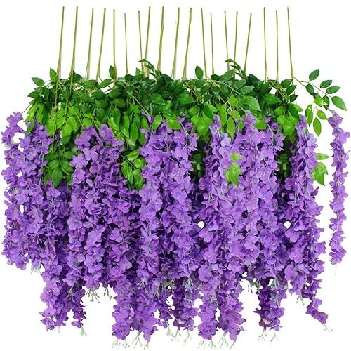 12pcs Artificial Wisteria Flowers 3.6 Feet/Piece Purple Dense Artificial Fake Wisteria Vine Ratta Hanging Garland Silk Flowers String Home Party Wedding Decor（Purple-Dense）