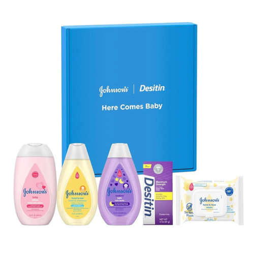Johnson's Baby Here Comes Baby Gift Set, Baby Essentials for New Parents with Moisturizing Lotion, Bedtime Bath, Body Wash & Shampoo, Hand & Face Wipes, & Diaper Rash Cream, 5 Items