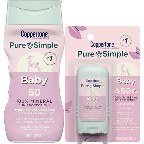 Coppertone Pure and Simple Baby Mineral Sunscreen Lotion SPF 50 (6 Fl Oz) + Baby Sunscreen Stick SPF 50 (0.49 Oz), Hypoallergenic and Tear Free