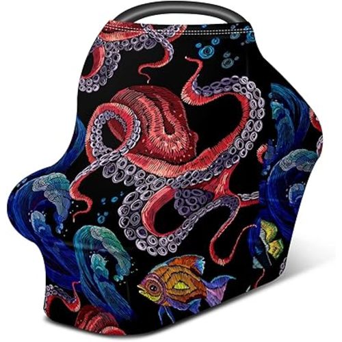 Baby Car Seat Stroller Covers Ocean Octopus Waves Fish Nursing Cover Breastfeeding Scarf Soft Breathable Stretchy Infant Car Canopy Coverage Carseat Cover for Boys and Girls Multi Use