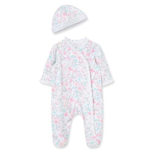 Little Me Clothes for Baby Girls 100% Cotton Scratch-Free Tag Footed One-Piece Romper and Hat Sleeper Set Preemie to 9 Months