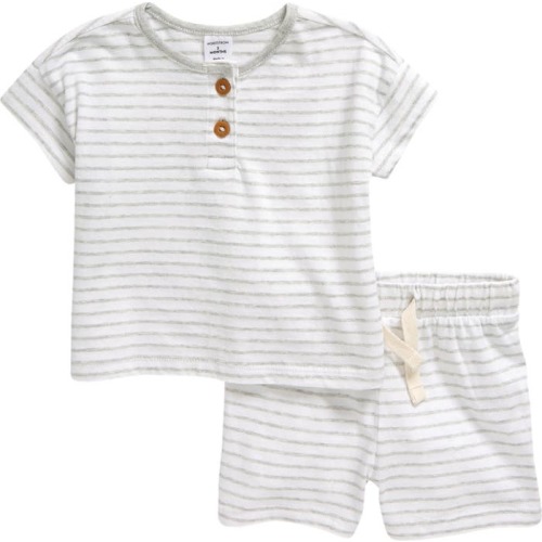 Baby Stripe Cotton Henley T-Shirt & Shorts Set, 6M, White And Light Grey Stripe