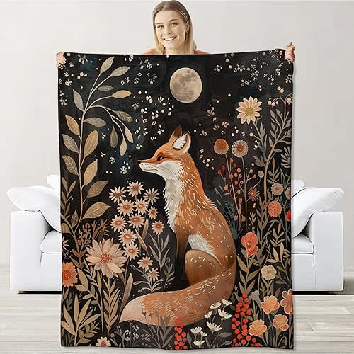 Fox Blanket for Boys Girls Kids, Flannel Throw Blanket, Floral Moon Fox Throw, 60" x 50"