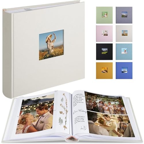 Photo Album with Writing Space 50 Pages 4x6 Photos Hold 200 or 5x7 Pictures Hold 100, Linen Cover Small Photo Book Albums with Memo for Anniversary Wedding Baby (Beige)