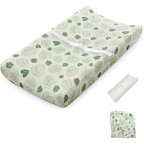 Blissful Diary Muslin Baby Changing Pad with Waterproof Lining Foam, Diaper Changing Table Pad with Cover for Dressers (Monstera, Rectangular)
