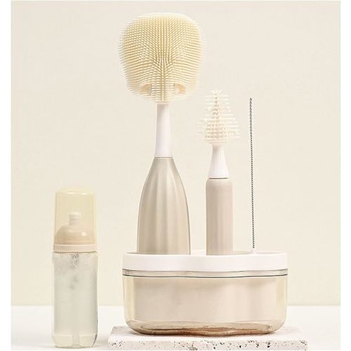 Baby Bottle Brush Kit with Push-Press Bubble and Drying Rack for Bottle Cleaning, Bendable Bottle Cleaner Brush for Baby Bottles, Breast Pumps, Nipples, Straws and More. Perfect for Home&Travel