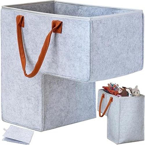 Staircase Stair Basket with Bonded Leather Handles - Stable Stair Baskets for Carpeted Stairs & Wooden Steps - Foldable Stairway Stairs Basket Storage Organizer for Toys, Laundry, Books - Light Grey