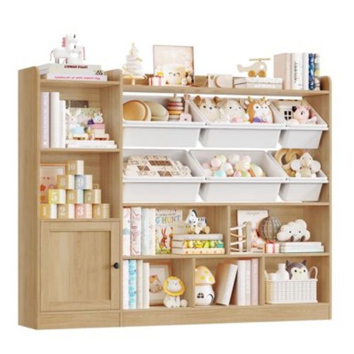 Hiphuta 55"In Kids Bookcase with Toy Storage Organizer, Wood Cube Bookcase Toy Chest of 8 Compartments & 6 Movable Bins, Bookshelf for Kids Bedroom, Natural