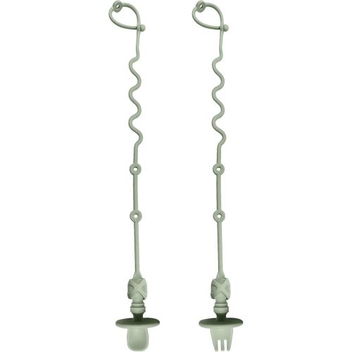 4PK Baby Spoon and Fork with Holder Straps for Kids Aged 6+ Months Self Feeding, No Throw Toddler Travel Essential Leash for High Chair or Bib or Wrist, Silicone Baby Led Weaning Supplies-Green/Green