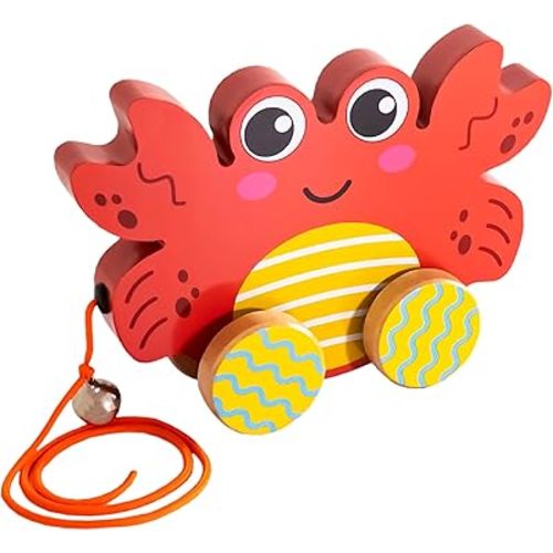 Toddler Pull-Along Toy, Wooden Montessori Toy | Bright Colors, Large Size, Not Prone to Tipping Over | Cartoon Crab Style