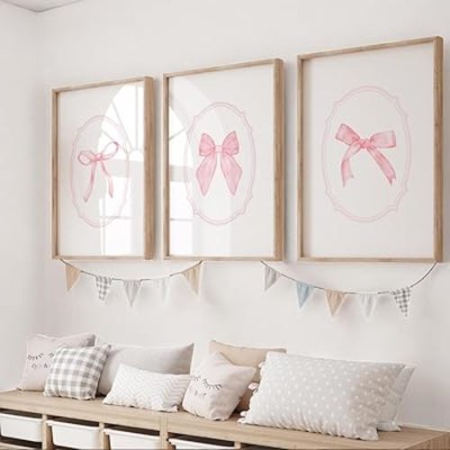 NATVVA Light Pink Bow Canvas Painting 3 Pieces Pink Nursery Prints Wall Art Pictures for Living Room Home Nursery Decor with Wooden Inner Frame