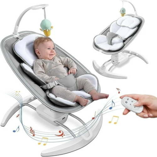 RONBEI Baby Swing for Infants, Portable Swing with Music Playing, Unisex Baby Bouncer, Baby Swing for Home Travel, Light Gray