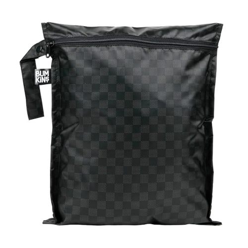 Bumkins Waterproof Wet Bag for Baby, Travel, Swim Suit, Cloth Diapers, Pump Parts, Pool, Gym Clothes, Toiletry, Hook to Stroller, Pack for Daycare, Zipper Reusable Bag, Wetdry Pack Pouch, Black Check
