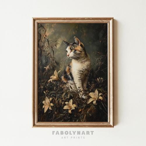 Vintage Calico Cat Wall Art Print, Floral Cat Painting, Moody Gift for Cat Mom