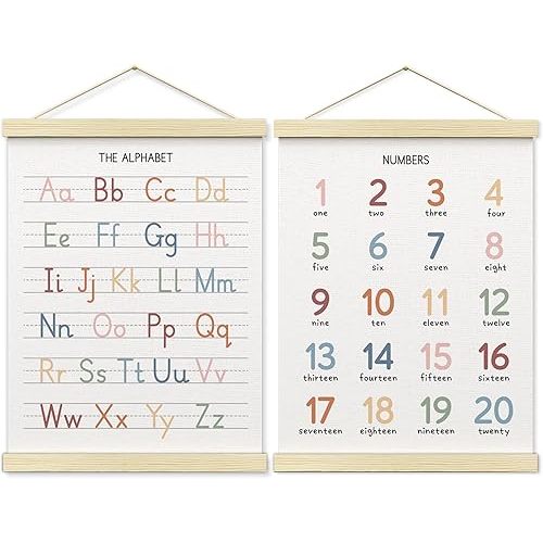 BONETAT Numbers alphabet poster for Nursery Toddlers,Correct Letter Formation on Line Paper, Play Room Wall Decor,ABC Wall Chart,Preschool Homeschool Decor Kids Wall Decor,Wooden Alphabet Banner-A02