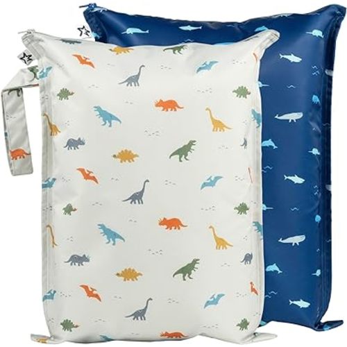 Tiny Twinkle Mess-proof Wet Bags 2 Pack Waterproof and Washable Bag for Travel storage, Stroller, Daycare, Baby Diapers, Yoga, Beach, Pool, Wet Toddler Swimsuits (Dinosaur, Ocean Life)