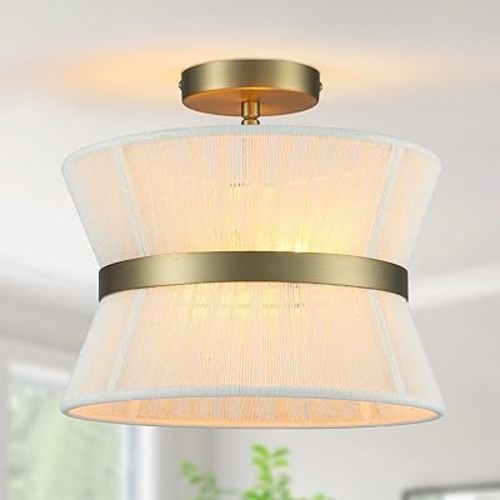 Gold Semi Flush Mount Ceiling Light, 2-Light Modern Drum Hallway Lighting Fixture, 13” Beige Fabric Lamp for Dining Room, Bedroom, Entryway, Foyer, Kitchen Island, Living Room, Nursery