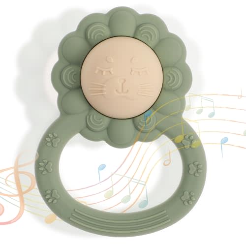 Dirbabi Rattle Teether, Lion Shape Montessori Baby Sensory Teething Toys, Food Grade Silicone BPA Free, Newborn Essentials Must Haves (Shifting Sand Sage)