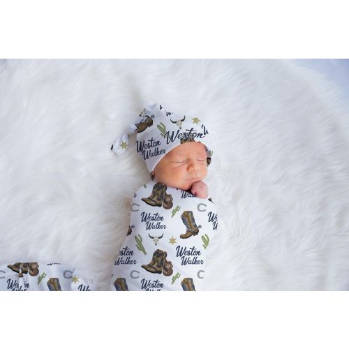 Cowboy Swaddle Set, Cowboy Swaddle Baby Blanket, Personalized Swaddle Blanket, Western Cactus Baby Blanket, Custom Name Blanket D8