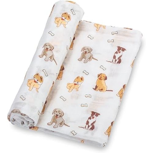 LollyBanks Baby Blanket, 100% Cotton Muslin Swaddle Blankets for Boys and Girls, Large 47 x 47 Inches Infant Receiving Blankets, Soft and Breathable Newborn Blanket, Registry (Puppies Print)