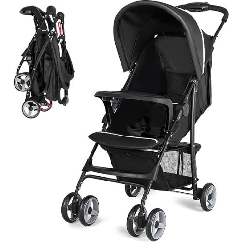 Baby Joy Lightweight Stroller, Compact Toddler Travel Stroller for Airplane, Infant Stroller w/Adjustable Backrest/Footrest/Canopy, 5-Point Harness, Storage Basket, Easy One-Hand Fold, Black