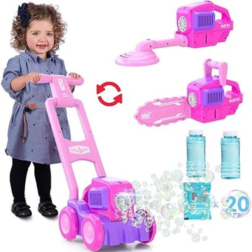 3 in 1 Bubble Lawn Mower for Toddlers/Bubble Leaf Blower/Chainsaw Machine Toys, Automatic Bubble Machine for Kids, Outdoor Push Toys Gift for Baby Girl, Pink