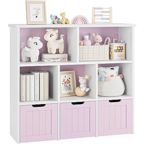 FOTOSOK Toy Storage Organizer with 3 Movable Drawers, Floor Storage Cabinet Toy Chest with Hidden Wheels and 5 Storage Cubbies, Multifunctional Storage Chest for Living Room, Home Office, Pink