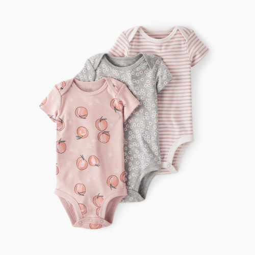 Carter's Little Planet Cotton Rib Bodysuits (3 Pack) - Peaches/Florals/Stripes, 3M