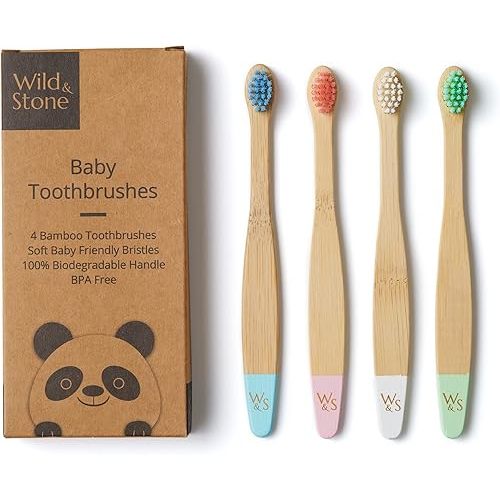 Wild & Stone Organic Baby Bamboo Toothbrushes | 4 Pack | Soft Bristles | 100% Compostable Handle | BPA Free | Vegan Baby Toothbrushes (Multicolour)