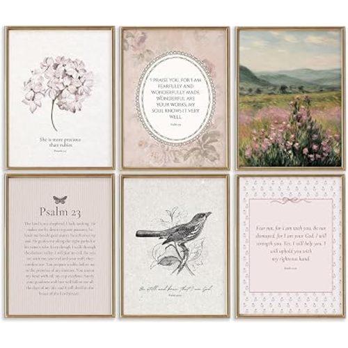 6Pcs Vintage Nursery Christian Wall Art Bible Verse Prints Pink Girl Nursery Room Canvas Wall Decor Jesus Religious Poster Psalm 23 Scripture Picture Floral Artwork for Bedroom 12x16 Inch Unframed