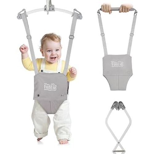 FUNLIO 2 in 1 Baby Door Jumper with Door Clamp, Baby Walking Harness for 6-24 Months, Infant Jumper Doorway with Strong Spring & Adjustable Strap, Easy to Assemble & Store - Grey