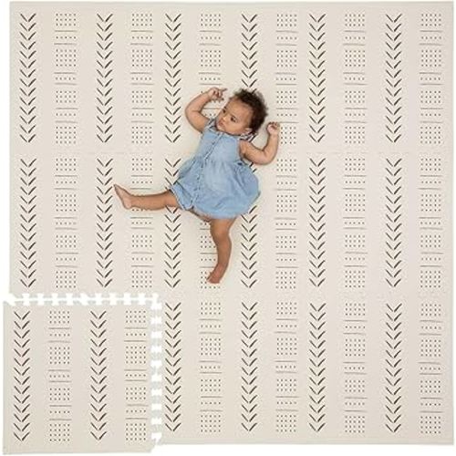 CHILDLIKE BEHAVIOR XXL Baby Play Mats, 72”x72” Puzzle with 9 Foam Tiles, Crawling Mat with Interlocking Tiles, 24”x24” Puzzle Mat Pieces, Neutral Playmat for Toddlers & Infants Play Pen - Beige