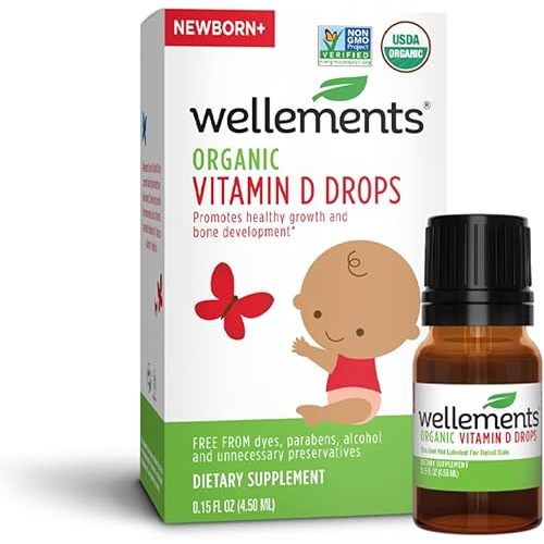 Wellements Certified Organic Baby Vitamin D Drops | Liquid Vitamin D3 Drops for Infants and Toddlers, Promotes Healthy Growth, Bone Development, 1 Drop Daily, 400 IU per Serving | 0.15 Fl Oz.