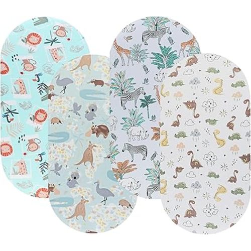 Bassinet Sheets for Baby Boy and Girl, Stretchy Breathable Fitted Sheet Universal for Bassinet Cradle Hourglass Oval Rectangle Pad/Mattress, 4 Pack Woodland Animal Printing