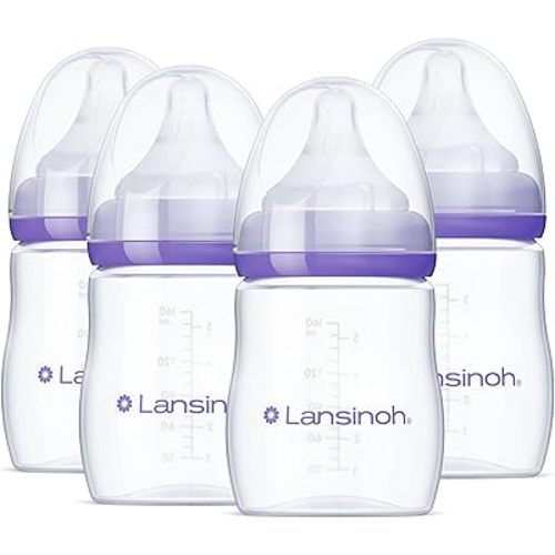 Lansinoh Anti-Colic Baby Bottles for Breastfeeding Babies, 5 Ounces, 4 Count, Includes 4 Extra Slow Flow Nipples, Size XS