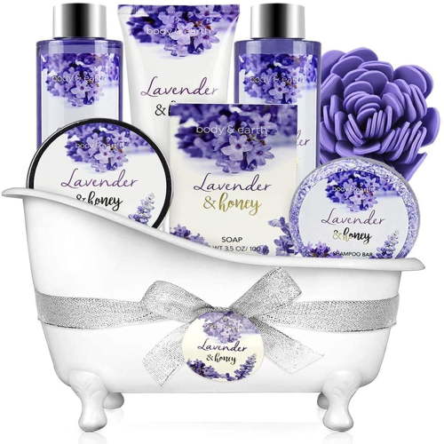 Body & Earth Bath Gift Sets for Women, 8 Pcs Lavender&Honey Spa Baskets, Beauty Holiday Birthday Gifts Idea for Her