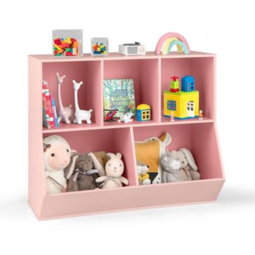 Costway 5-Cubby Kids Toy Storage Organizer Wooden Bookshelf Display Cabinet Natural/White