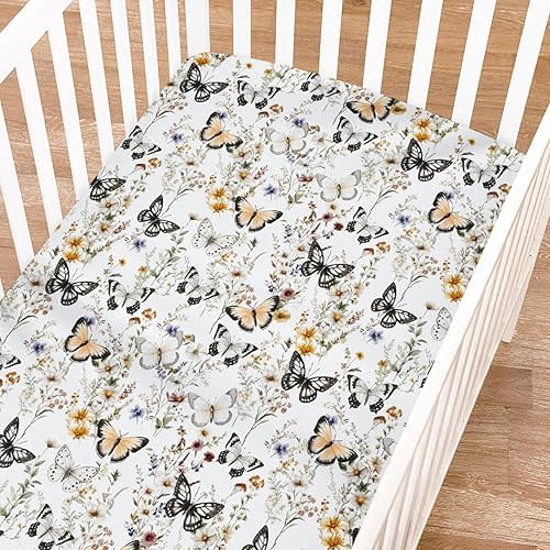 Vintage Butterflies Floral Baby Crib Sheets for Boy Girl 52"x28" Boho Wildflowers Soft Breathable Fitted Crib Mattress Covers Spring Garden Floral Baby Sheet for Standard Crib & Toddler Bed Mattress