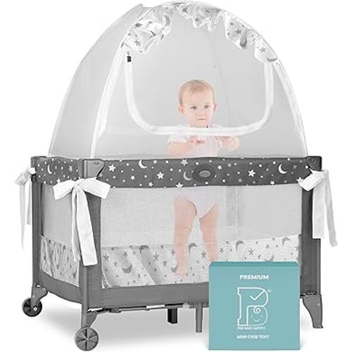 Premium Pack n Play Tent, Mini Crib Tent to Keep Baby from Climbing Out, Auto Pop Up Pack and Play Tent with Auto-Lock Zippers, Thick Velvety Breathable Mesh (Stars & Moons - Ruffles)