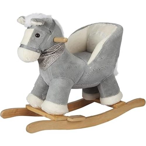 Rocking Gray Horse with Chair, Plush Stuffed Rocking Pony with Realistic Sound, Baby Rocker Animal Ride on,CPC Certified