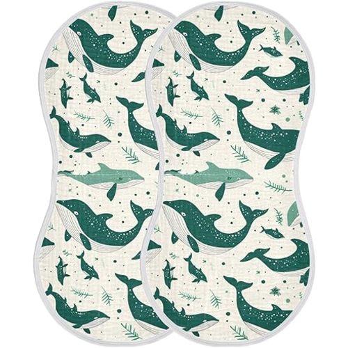 Emerald Green Playful Whale Cotton Muslin Burp Cloth Breathable Milk Spit Up Cloth for Gender Neutral Set of 2, 22x11in