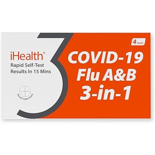 iHealth COVID-19, Flu A&B 3-in-1 Antigen Rapid Test, Results in 15 Minutes, FDA Authorized OTC Flu & COVID Home Test, with Non-invasive Nasal Swab, Easy to Use & No Discomfort (1 Pack, 4 Tests Total)