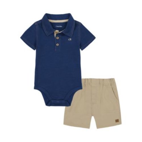 Baby Boys 2-Piece Plaid Polo Woven Bodysuit and Twill Shorts Set