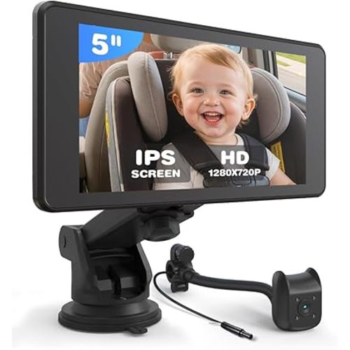 Baby Car Camera Monitor | 5" 1080P IPS Suction Cup Screen - 360° Rotation IR Night Vision 3X Zoom - USB Powered Headrest Mount for Baby Car Cam