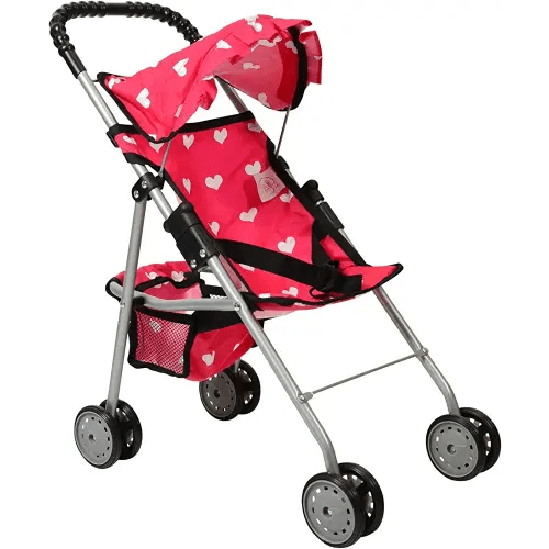 The New York Doll Collection My First Doll Stroller with Basket & Heart Design Foldable Doll Stroller, Pink